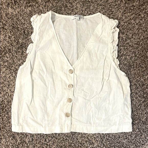 Madewell Tops - Madewell Ruffe Button Front Linen Cream Tank Top